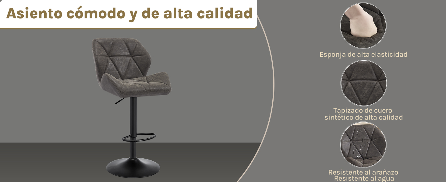 Taburete de bar moderno y ajustable con tapicería gris acolchada y estampado geométrico, con especificaciones de comodidad y calidad en español