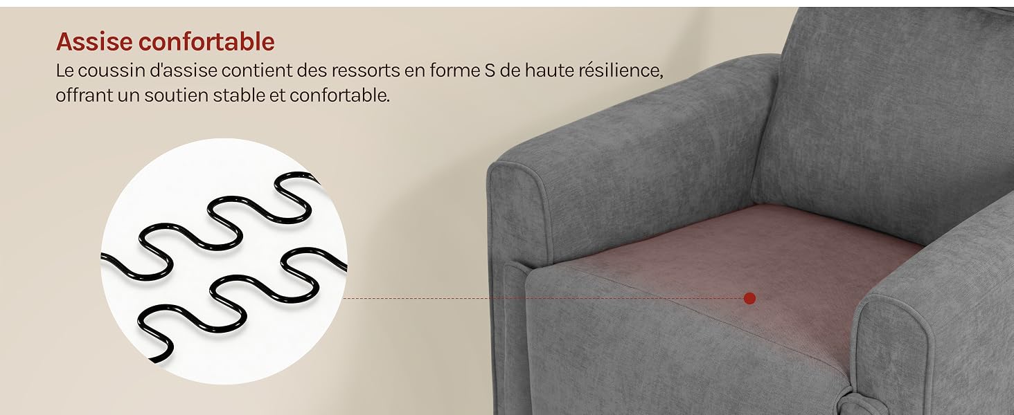 Le texte se lit comme suit : « Assise confortable », « Le coussin d'assise confort des reposoirs en forme S de haute résilience, offrant un soutien stable et confortable ». Canapé rembourré gris avec illustration du système de support de coussin de confort en forme de S.