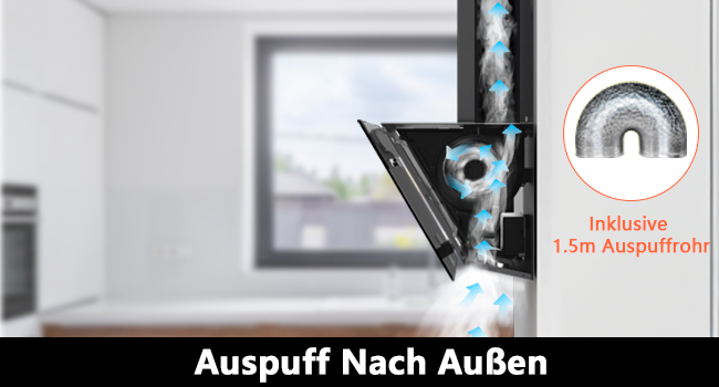 Illustration d'un système d'extraction d'air dans une cuisine.
[SENTENCE 15] Montre le flux d'air à travers un évent, avec un tuyau d'échappement de 1,5 m inclus.
[SENTENCE 16] Le texte en bas indique « Auspuff Nach Außen
