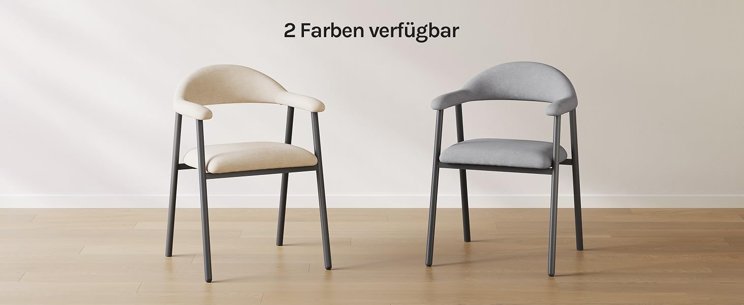 Der Text lautet „2 Farben verfügbar“. Zwei identische moderne Esszimmerstühle mit Metallrahmen stehen nebeneinander: ein cremefarbener, ein grauer Polsterstuhl mit geschwungener Rückenlehne und passenden Metallbeinen auf Holzboden.