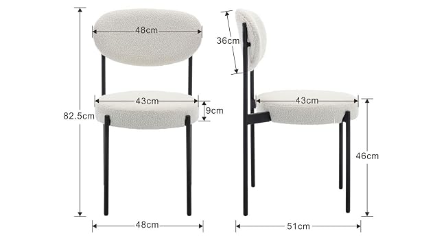 Diagrama técnico que muestra las vistas frontal y lateral de una silla con medidas detalladas, incluidas las especificaciones de altura, ancho y profundidad en centímetros.