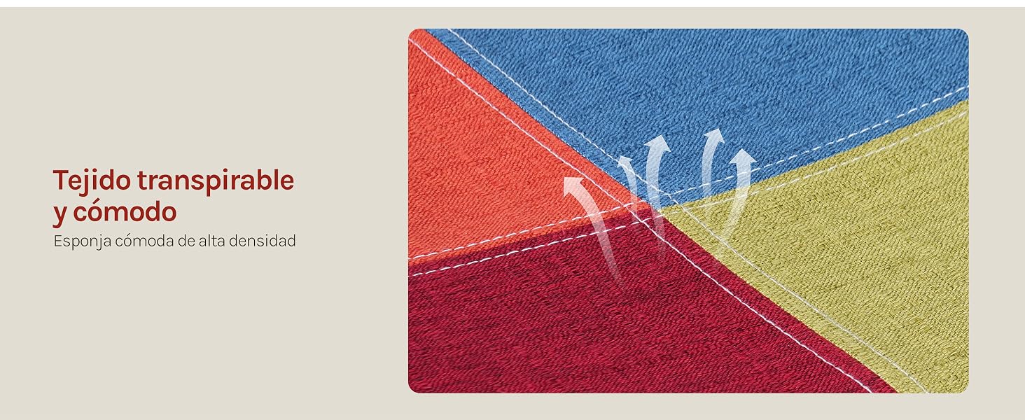 El texto dice «Tejido Transpirable y Cómodo» con un patrón geométrico rojo, azul y amarillo. Funda protectora colorida o funda de tela con un diseño de bloques de color en diagonal y una textura tejida visible.
