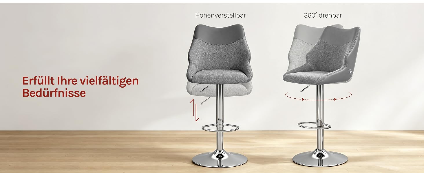 Der Text lautet „Erfüllt ihre vielfältigen Bedürfnisse“. Zwei grau gepolsterte, verstellbare Barhocker mit verchromten Hydraulikfüßen sind im Produktdisplay abgebildet.