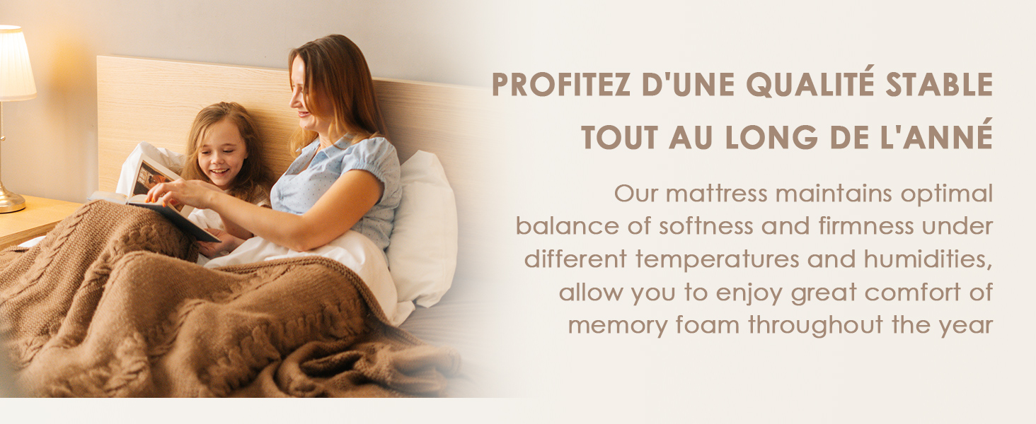 Le texte indique « PROFITEZ D'UNE QUALITÉ STABLE » et « équilibre entre douceur et fermeté sous différentes températures et humidités ». Image marketing montrant les caractéristiques de confort du matelas avec un gros plan du matériau de literie.