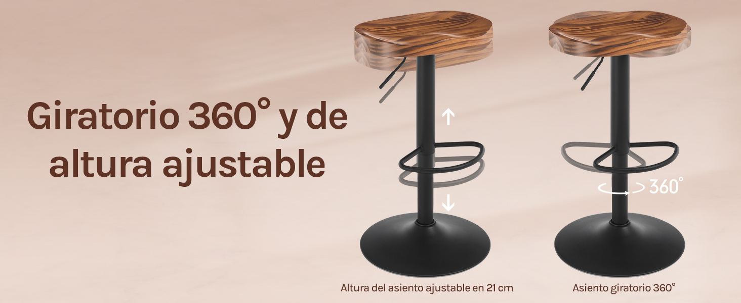 Dos taburetes de bar con asientos circulares de madera y bases de metal negro. Las características incluyen un giro de 360 grados y un ajuste de altura. Reposapiés visibles en las bases.