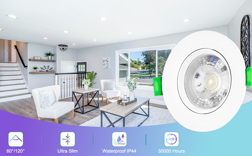 White recessed LED ceiling light fixture shown in modern living room setting, with interface icons indicating smart home compatibility features.