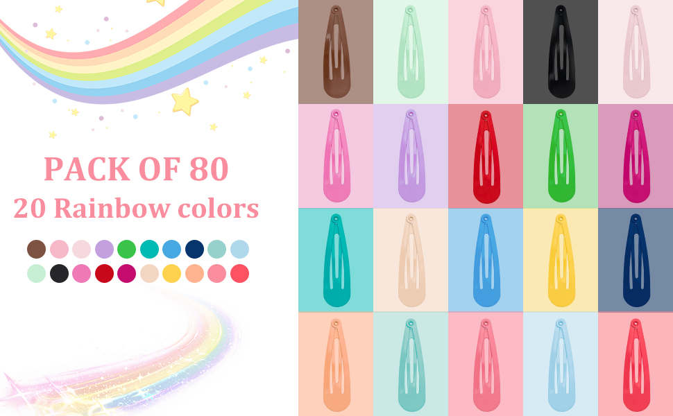 Pack of 80 hair clips in 20 rainbow colors, displayed in a grid layout showing various pastel and vibrant colored snap clips.