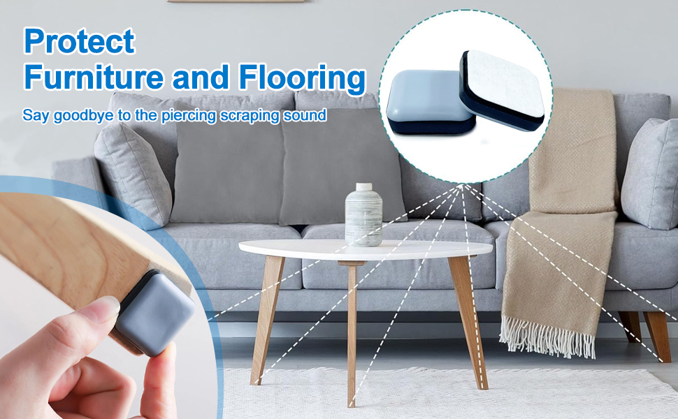 Furniture protection pads being applied, with modern living room setting showing gray couch and side table. Inset shows black and white protective pads.