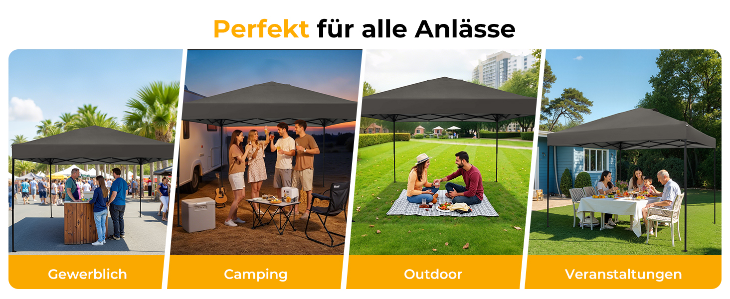 Der Text lautet „Perfekt für alle Anlässe“. Serie von Lifestyle-Fotos im Freien, die Menschen in verschiedenen sozialen Zusammenkünften zeigen, darunter Aktivitäten im Hinterhof und im Freien.