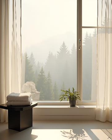 Interior window scene with sheer curtains framing misty forest view. Wooden windowsill holds small potted plant and decorative box, sunlight streaming through creates soft shadows on floor.