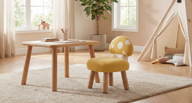 Modernes Interieur für Kinder mit rundem Holztisch und gelbem Plüschstuhl in Tierform. Natürliche Beleuchtung mit sichtbarem Tipizelt und beigem Teppich.