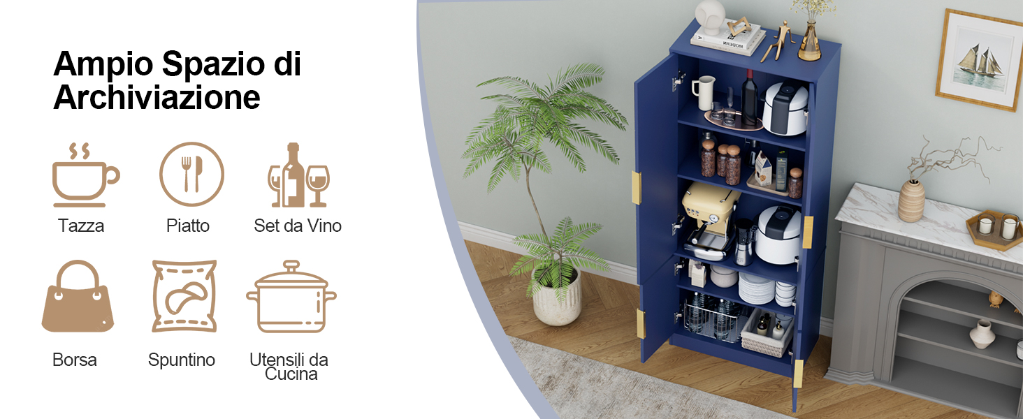 Il testo recita «Ampio Spazio di Archiviazione» con icone che mostrano Tante (molti), Pratici (pratico) e Set da Vivo (set vivente). Scaffale blu marino con più scomparti che espongono oggetti decorativi, piante in vaso e cestini portaoggetti in una stanza luminosa.