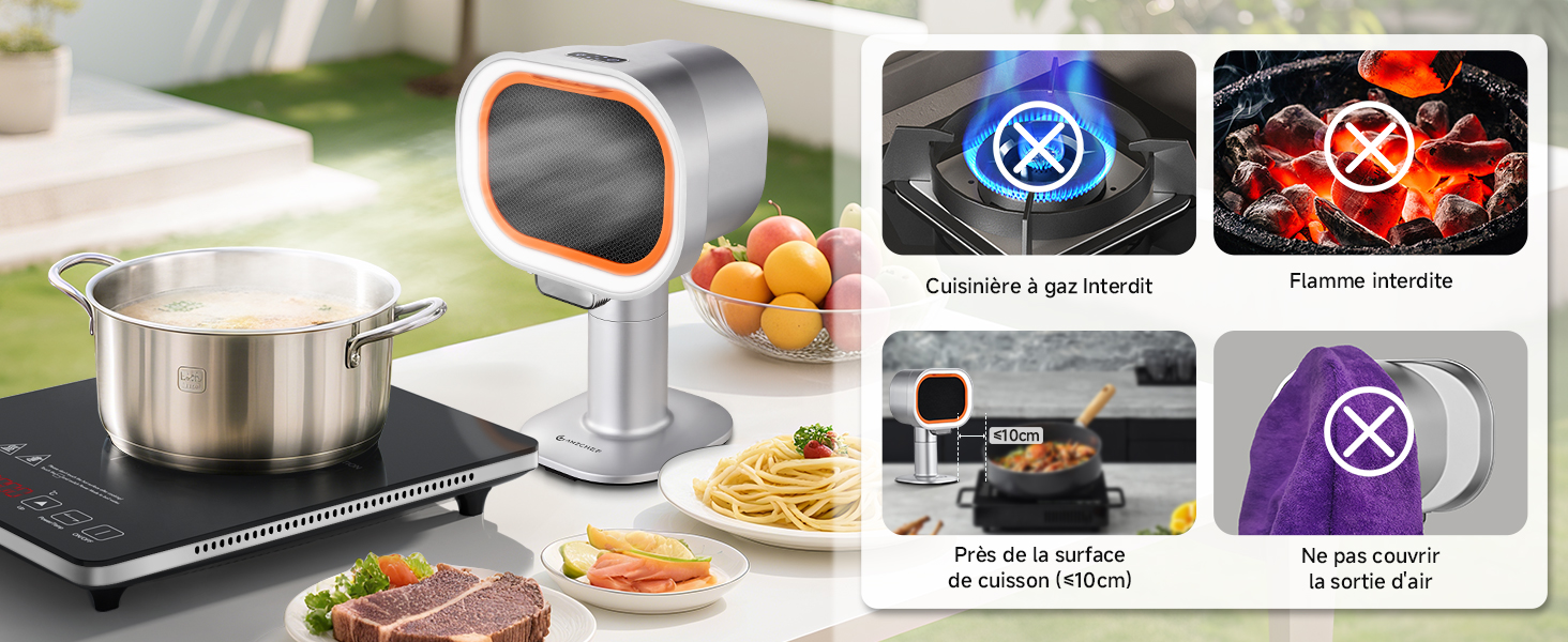 Configuration de la table de cuisson à induction avec marmite en acier inoxydable, affichant quatre icônes circulaires indiquant différents modes ou réglages de cuisson.