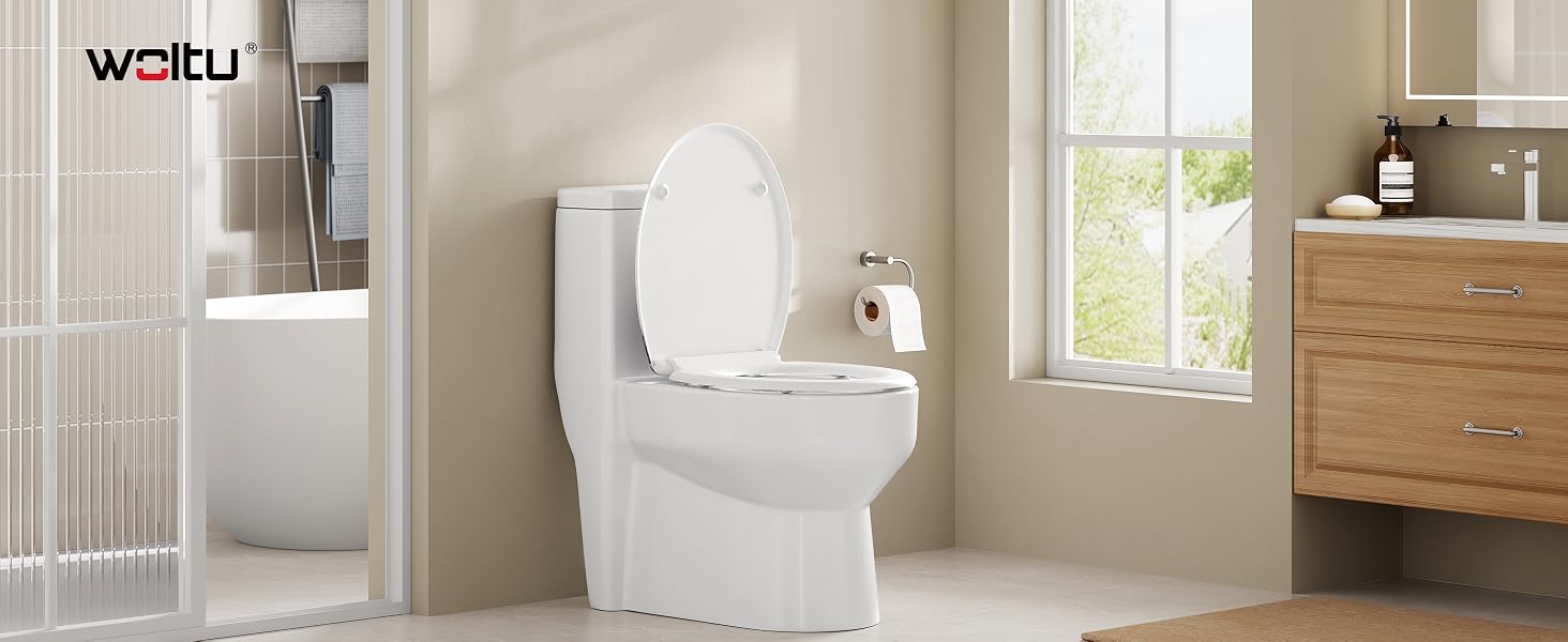 Der Text lautet „WEILU“. Produktpräsentation mit weißer tragbarer Toilette oder tragbarer Toilette in Inneneinrichtung mit Holzmöbeln und Tageslicht.