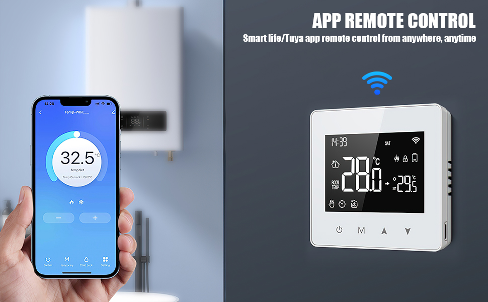 une personne tenant un téléphone intelligent et un thermostat mural.