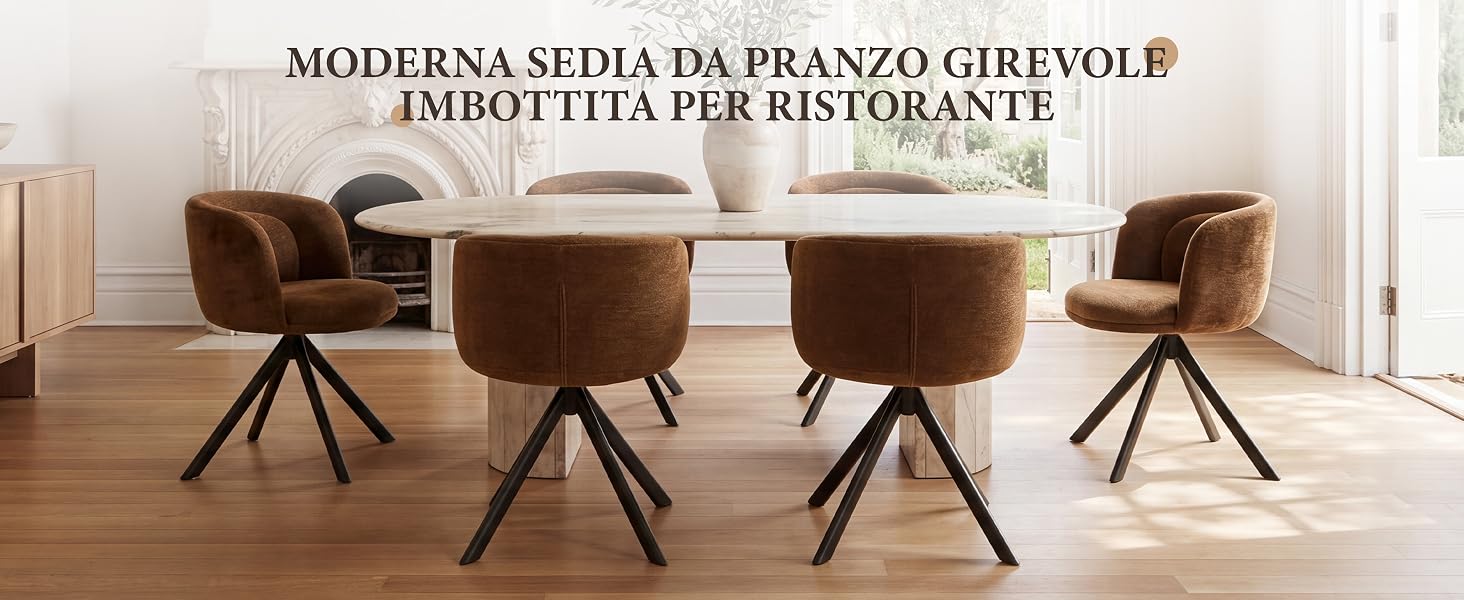Il testo è «DESIGN MODERNO», «PAESAGGIO», «RISTORANTE». Showroom interno con quattro moderne poltrone girevoli con rivestimento marrone disposte su una superficie bianca.