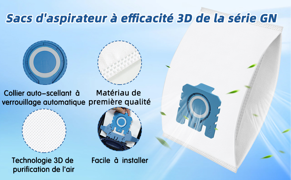 présentant des sacs d'aspirateur à efficacité 3D. Les caractéristiques comprennent un collier d'étanchéité automatique, un matériau de qualité, une technologie de purification de l'air 3D et une installation facile
