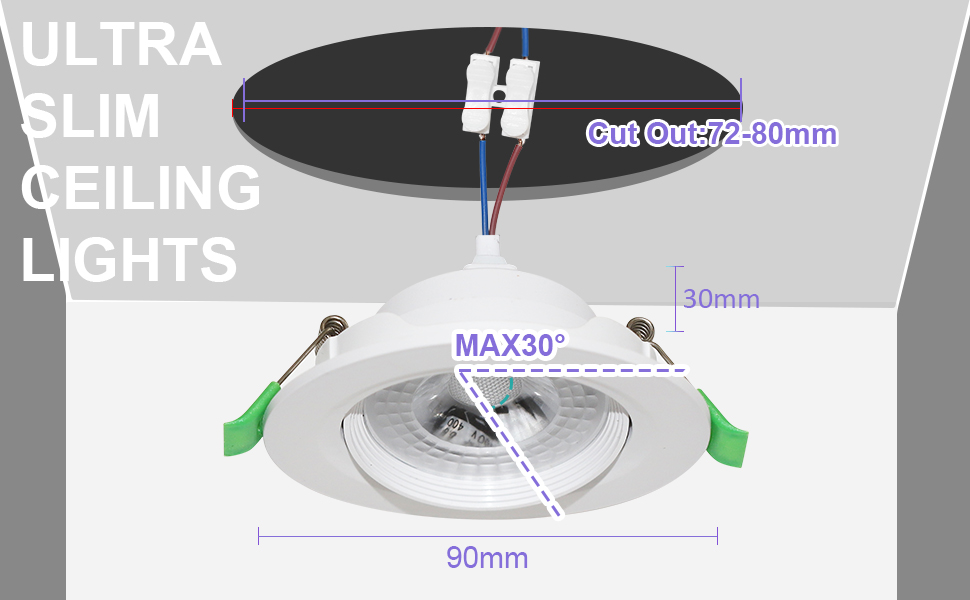 Diagram of ultra slim ceiling light fixture showing dimensions: 90mm diameter, 30mm height. Cut-out size 65mm, with max 30° tilt angle.