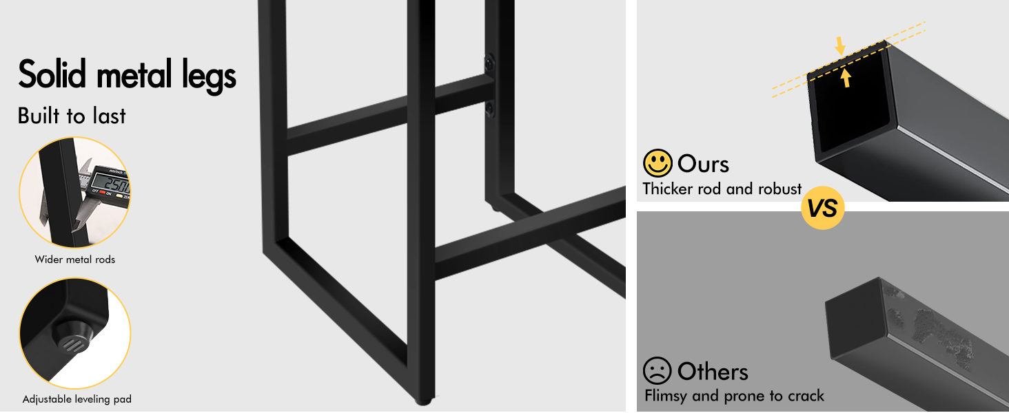 Multiple product images showing black metal desk legs and frame components. Text reads 'Solid metal legs' with detailed views of assembly hardware and structural supports.