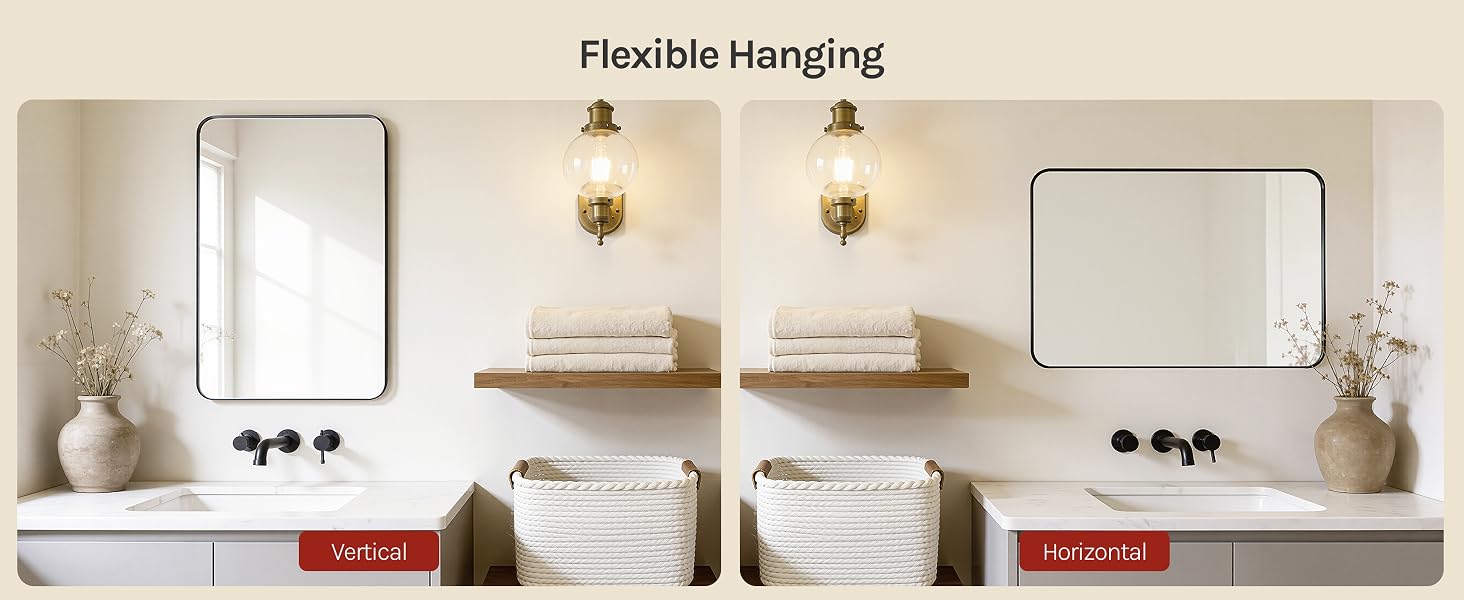 Text reads 'Flexible hanging'. Modern bedroom interior with two windows, wall-mounted sconces, framed circular mirrors, and floating shelves displaying decorative items.