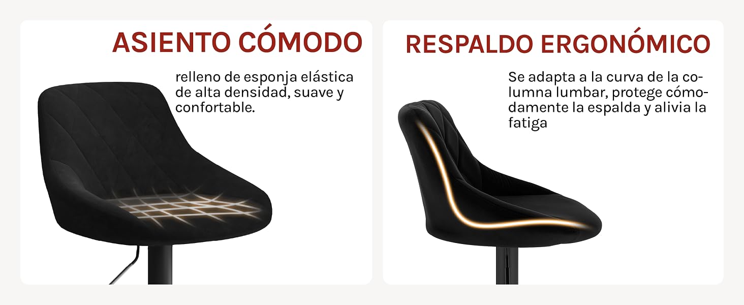 Imagen dividida de una silla de oficina negra. Izquierda: asiento acolchado con estampado de rombos. Derecha: respaldo ergonómico. El texto en español describe las características del asiento cómodo y el respaldo ergonómico