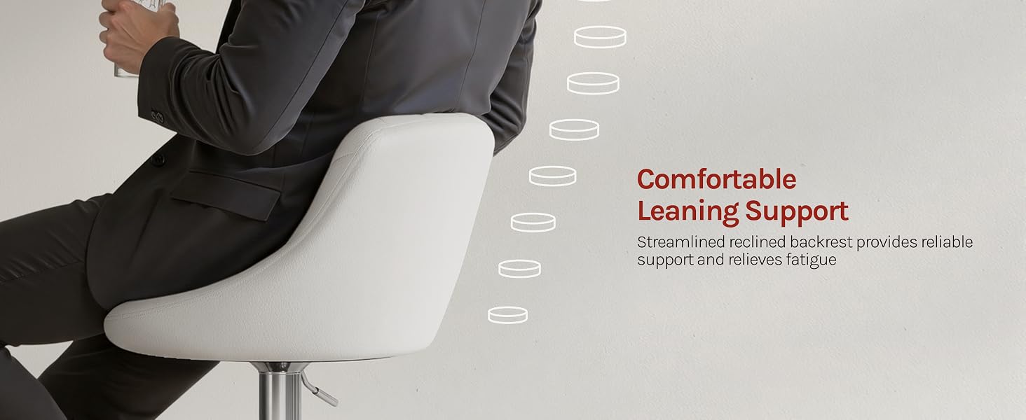 Text reads 'Comfortable Leaning Support'. Person in dark clothing leaning against white curved support structure demonstrating ergonomic lean capability.