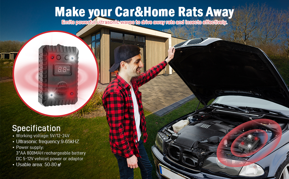 Appareil électronique pour repousser les rats des voitures et des maisons. Montre un homme vérifiant le moteur de la voiture, avec un dispositif rouge affichant la température en médaillon. Spécifications répertoriées ci-dessous.