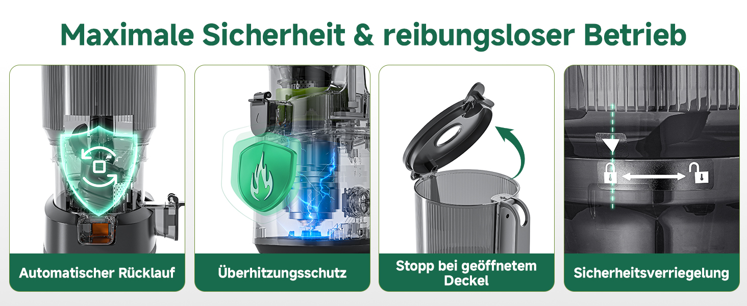 Der Text lautet „Maximale Sicherheit &amp; reibungsloser Betrieb“. Es werden vier Sicherheitsmerkmale angezeigt: automatische Rückflussverhinderung, Überhitzungsschutz, herausnehmbarer Tank und Sicherheitsbeleuchtung, gekennzeichnet durch grüne Symbole.