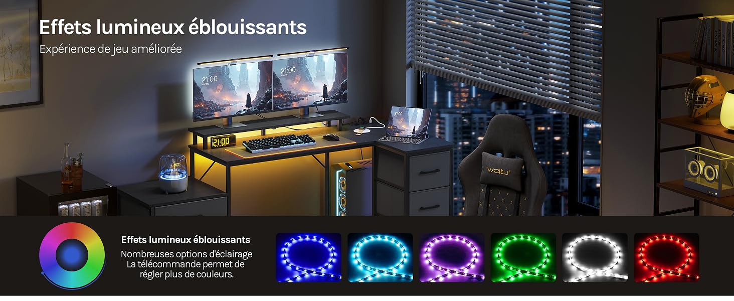 Le texte indique « Effets lumineux éblouissants ». Écran affichant des effets d'éclairage LED à changement de couleur avec des anneaux circulaires aux couleurs de l'arc-en-ciel : bleu, rose, violet, vert, blanc et rouge. Interface du panneau de commande visible.