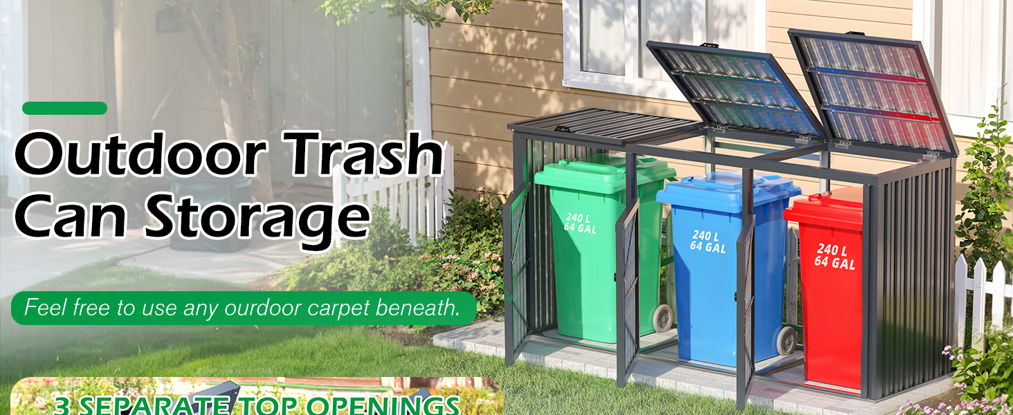 Text reads: 'Outdoor Trash Can Storage' and 'Feel free to use any outdoor carpet beneath.' Multiple colored storage units (green, blue, red) with top-opening lids arranged in outdoor setting.