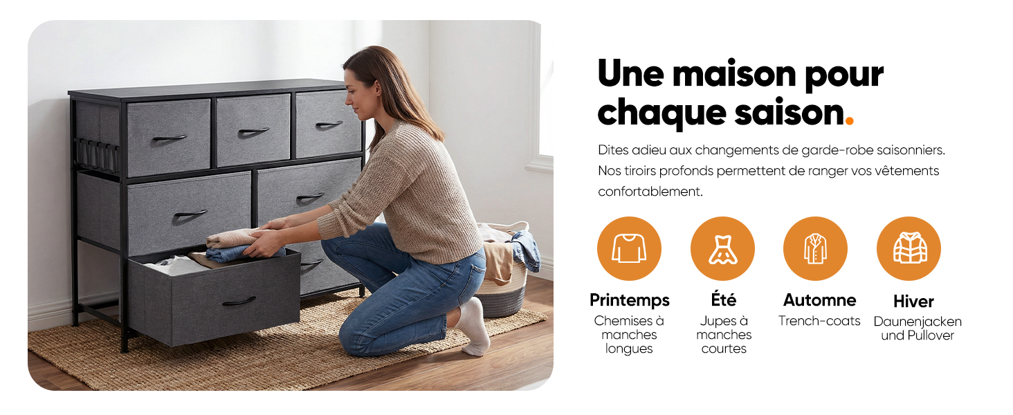 Le texte se lit comme suit : « Une maison pour chaque saison ». Démonstration du produit montrant les meubles convertibles en cours d'utilisation, avec des icônes indiquant les différentes configurations.