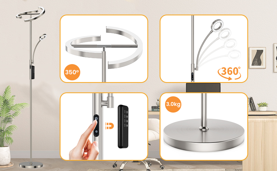 Modern LED floor lamp with adjustable features: 350° rotatable arm, 360° flexible reading light, touch control panel, and sturdy 3.0kg metal base for stability.