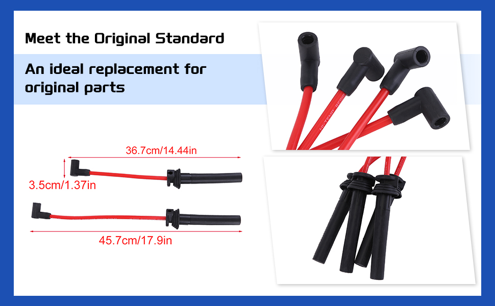 Text reads 'Meet the Original Standard' and 'An ideal replacement for original parts'. Product specifications showing spark plug wires with measurements: '36.7cm/14.44in' and '45.7cm/17.99in'.