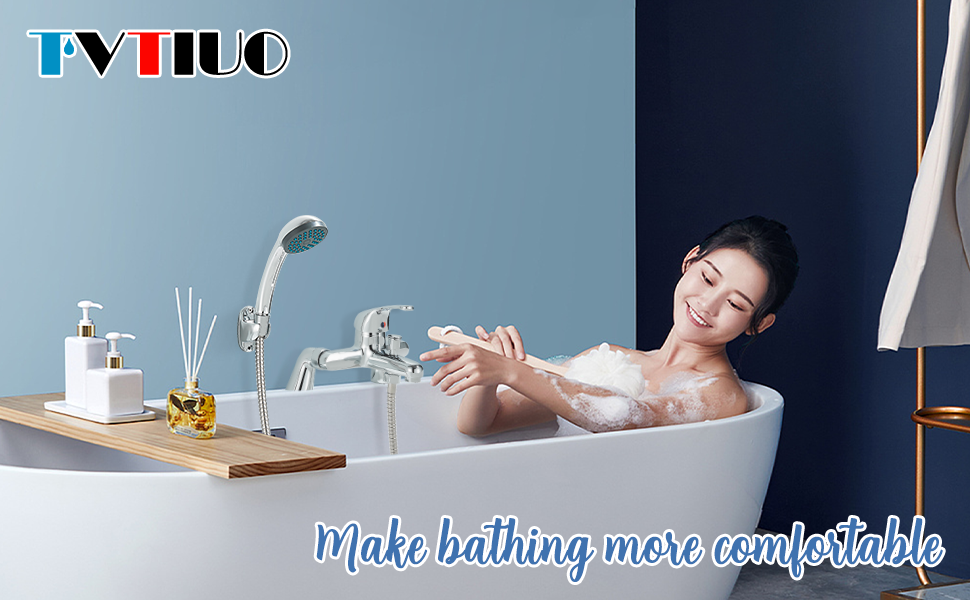 Modern freestanding bathtub with wooden tray caddy holding toiletries, featuring 'Make bathing more comfortable' text and PVTLHD branding.