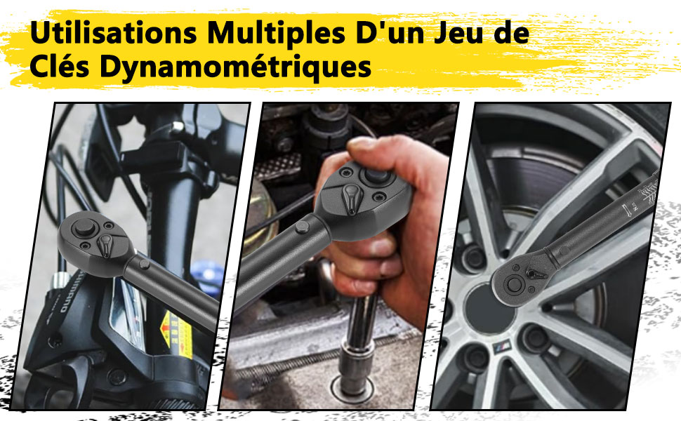 Le texte se lit comme suit : « Utilisations multiples d'un jeu de clés dynamométriques ». Trois images montrant une clé dynamométrique utilisée sur différentes pièces automobiles.