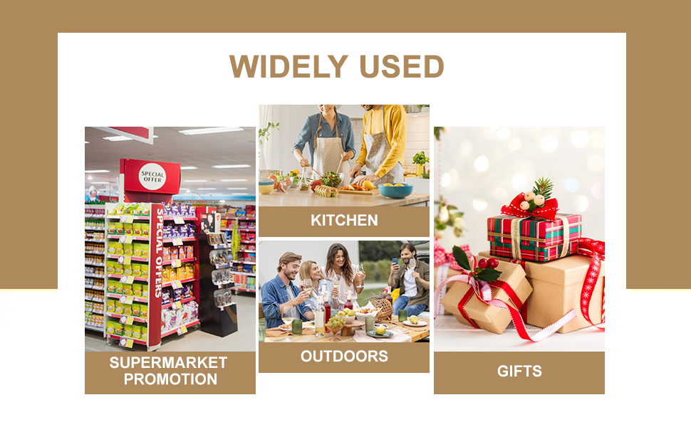 Collage di scenari di utilizzo del prodotto: scaffali del supermercato, cucinare con la famiglia, ambiente esterno e scatole regalo. Il testo indica 