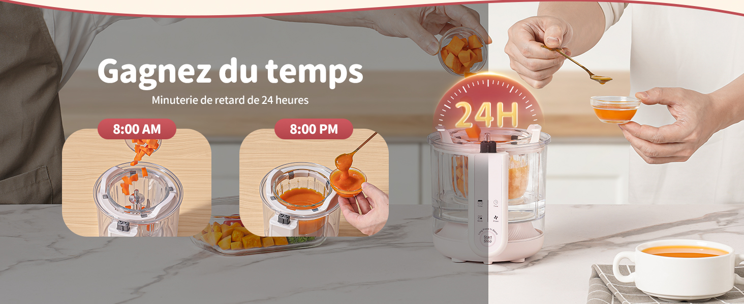 Le texte indique « Gagnez du temps ». Image du produit montrant des mains préparant des aliments avec des contenants beiges en vue.
