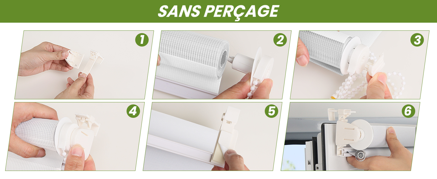Guide d'installation en six étapes pour un système de montage blanc, probablement pour les parures de fenêtres. Montre des mains manipulant des pièces et les fixant à une surface.