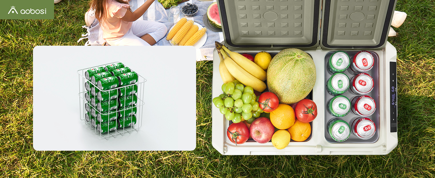 Image divisée montrant une structure de puzzle cubique verte et une glacière ouverte contenant des fruits frais, des légumes et des canettes de boisson sur l'herbe.