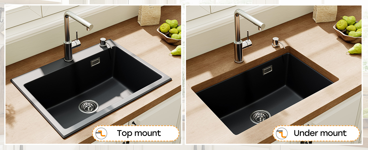 Side-by-side comparison of kitchen sinks: left shows top-mount installation with visible rim, right shows under-mount installation flush with countertop. Both feature black basins and stainless steel faucets.