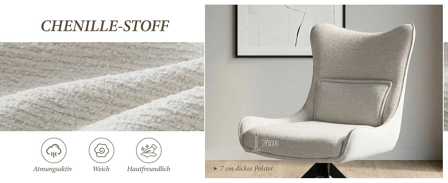 Der Text lautet 'Image 7' und 'CHENILLE STUFF'. Reihe von Produktfotos, auf denen scheinbar textile oder stoffbezogene Artikel zu sehen sind, mit Symbolen, die auf Produktmerkmale hinweisen.