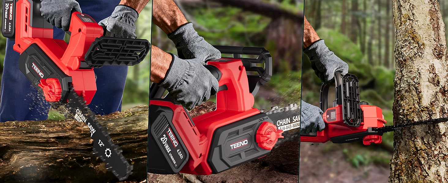 Plusieurs images montrant un outil électrique de couleur rouge utilisé pour élaguer et couper des branches d'arbres en extérieur.