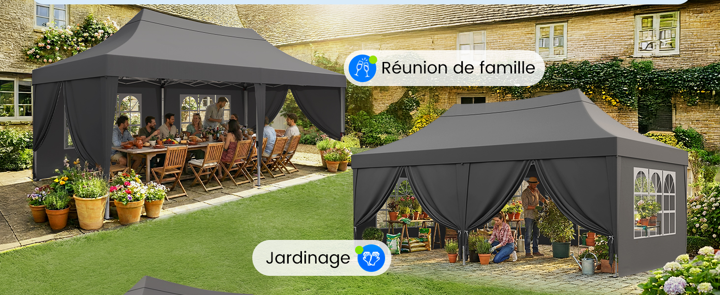 Le texte se lit comme suit : « Réunion de famille » et « Jardinagio ». Vues multiples d'un grand belvédère gris foncé ou d'une structure de tente extérieure dans un jardin.