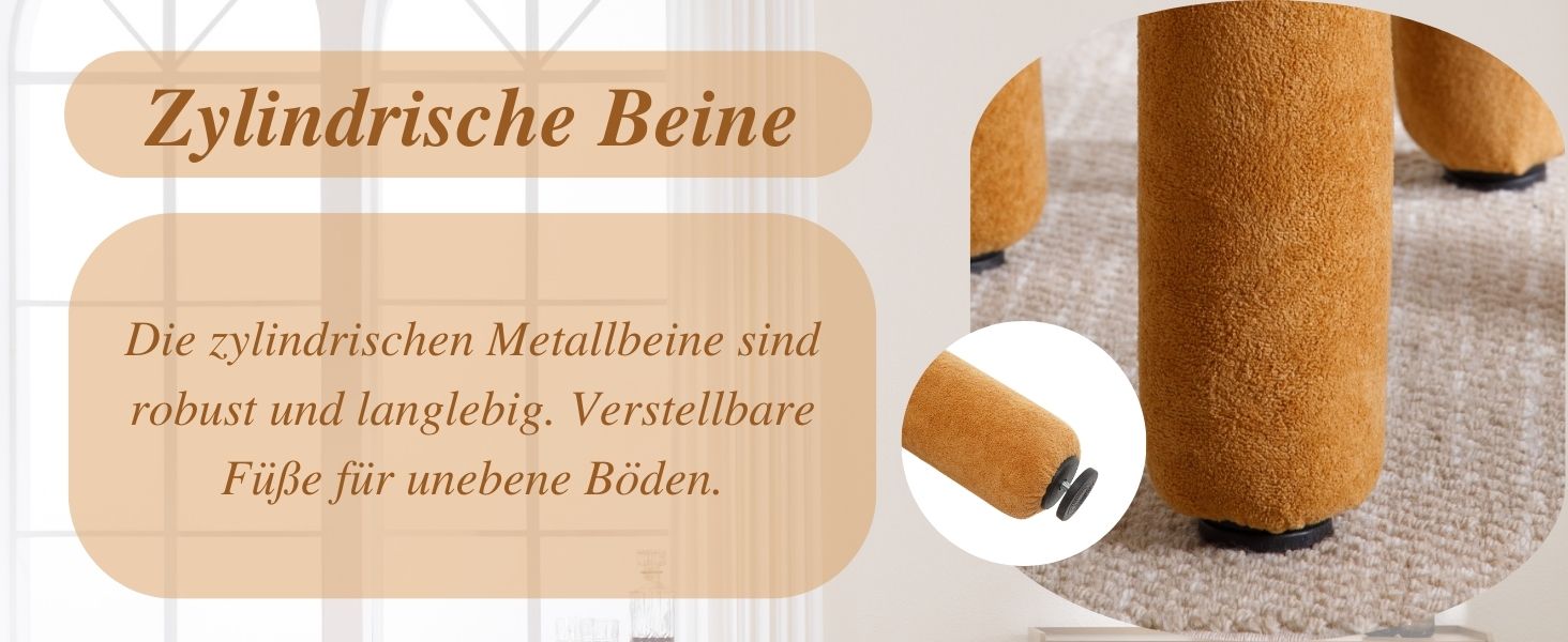 Der Text lautet „Zylindrische Beine“. Bilder, die zylindrische Gegenstände aus Holz oder Kork zeigen, die wie Möbelbeine oder Stützen aussehen.