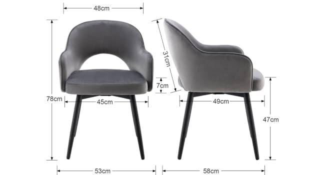 Gray upholstered dining chair with armrests, shown in front and side views. Features curved backrest, tapered black legs. Dimensions labeled: 78cm height, 53cm width, 49cm depth.