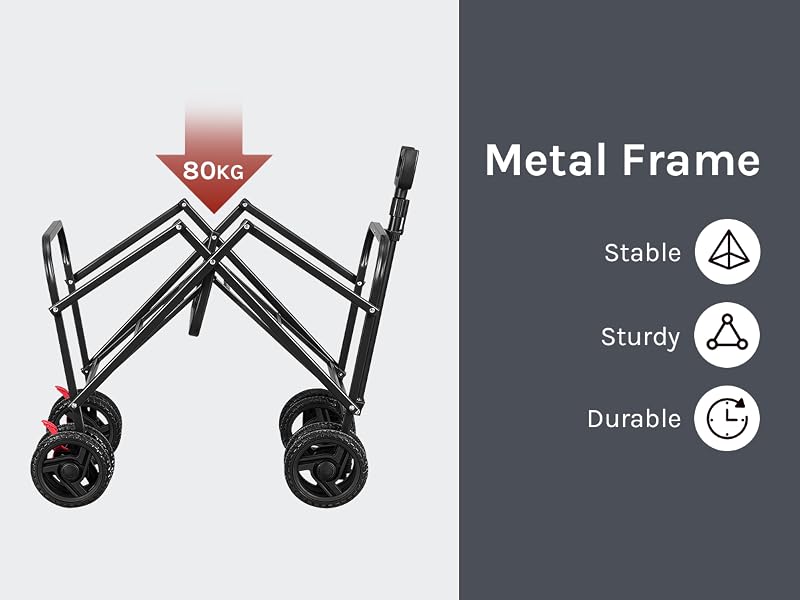 Diagram of a foldable cart with metal frame. Left side shows 80Kg weight capacity. Right side lists features: stable, sturdy, and durable with icons.