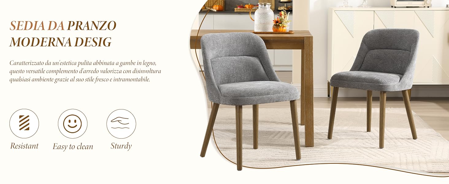 Il testo recita «SEDIA DA PRANZO MODERNA DING». Immagine del prodotto che mostra sedie da pranzo imbottite grigie in un ambiente contemporaneo.