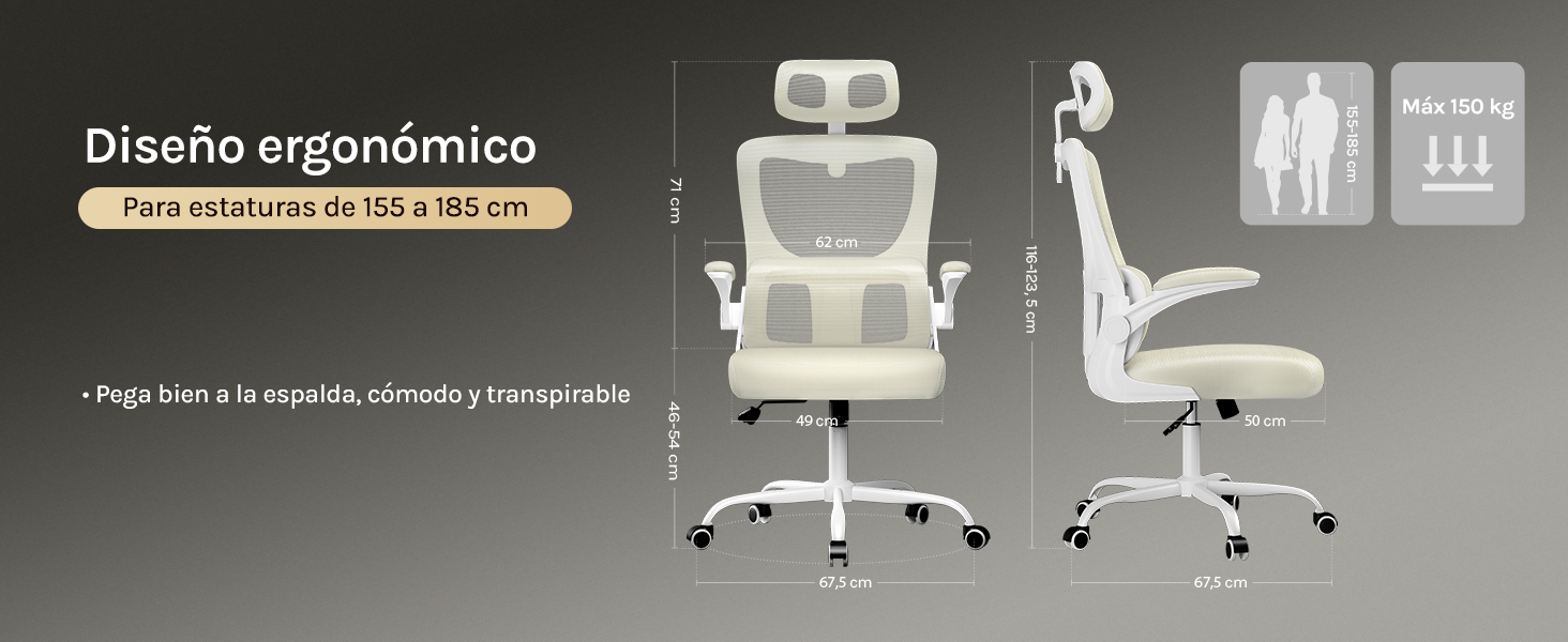 con respaldo de malla, reposacabezas y funciones ajustables. Las múltiples vistas muestran su diseño para brindar soporte y comodidad para la espalda. Apto para alturas de 155 a 185 cm.