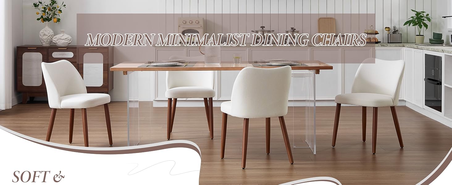 Modern dining room furniture display showing multiple identical chairs with beige upholstery and wooden legs arranged around white space.