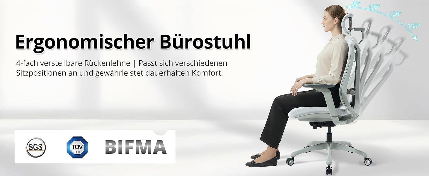 Der Text lautet „Ergonomischer Bürostuhl“. Das Produktmontagediagramm zeigt die Komponenten von Bürostühlen mit technischen Spezifikationen und Zertifizierungslogos.